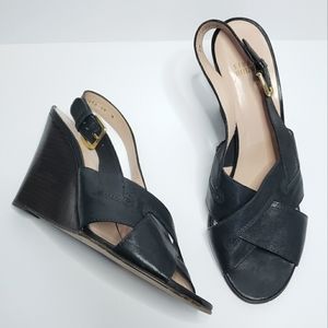 Stuart Weitzman Black Leather Slingback Wedge Heel Sandal 11